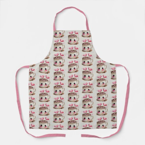 Cute Pink and Cream Watercolor Hot Cocoa Pattern Apron