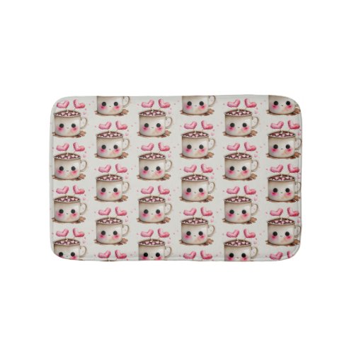 Cute Pink and Cream Watercolor Hot Cocoa Pattern Bath Mat