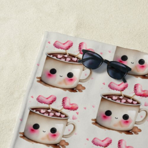 Cute Pink and Cream Watercolor Hot Cocoa Pattern Beach Towel