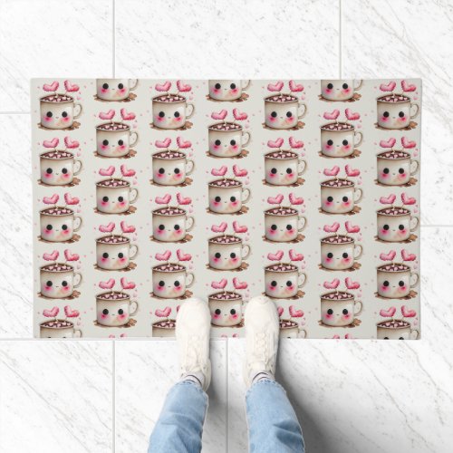 Cute Pink and Cream Watercolor Hot Cocoa Pattern Doormat