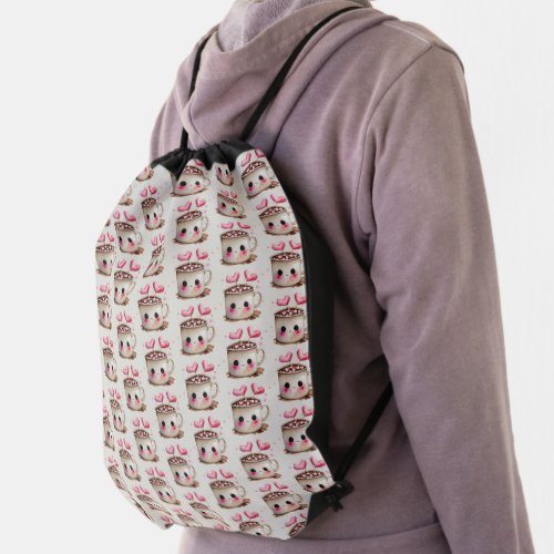 Cute Pink and Cream Watercolor Hot Cocoa Pattern Drawstring Bag
