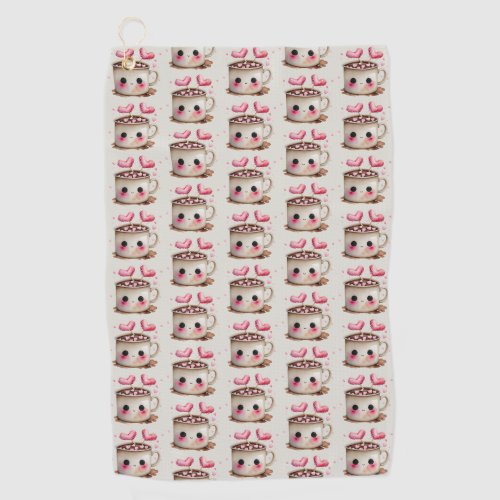 Cute Pink and Cream Watercolor Hot Cocoa Pattern Golf Towel