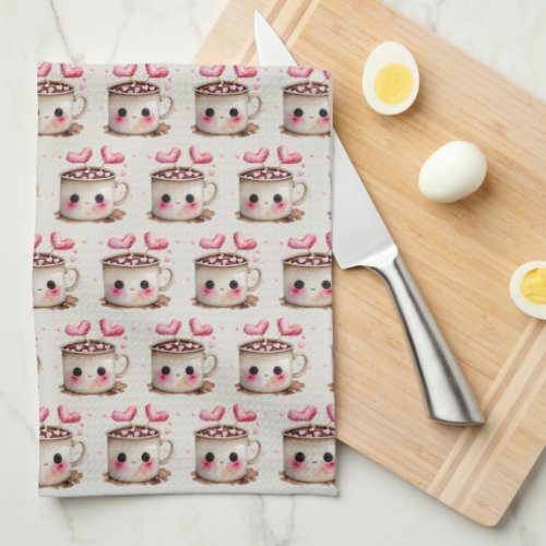 Cute Pink and Cream Watercolor Hot Cocoa Pattern Kitchen Towel