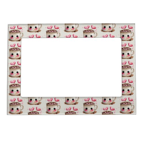 Cute Pink and Cream Watercolor Hot Cocoa Pattern Magnetic Frame
