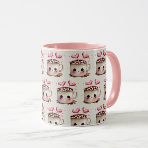 Cute Pink and Cream Watercolor Hot Cocoa Pattern Mug