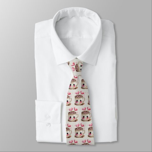 Cute Pink and Cream Watercolor Hot Cocoa Pattern Neck Tie