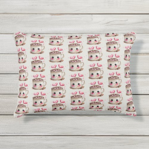 Cute Pink and Cream Watercolor Hot Cocoa Pattern Outdoor Pillow