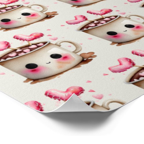 Cute Pink and Cream Watercolor Hot Cocoa Pattern Poster