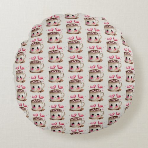 Cute Pink and Cream Watercolor Hot Cocoa Pattern Round Pillow