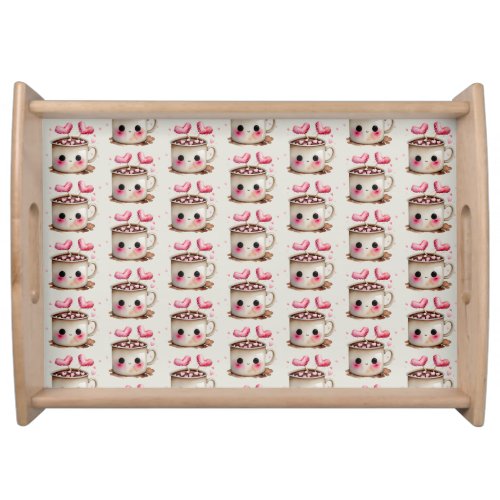 Cute Pink and Cream Watercolor Hot Cocoa Pattern Serving Tray