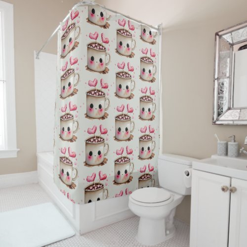 Cute Pink and Cream Watercolor Hot Cocoa Pattern Shower Curtain