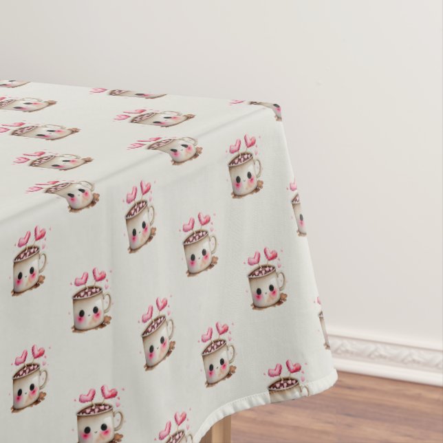 Cute Pink and Cream Watercolor Hot Cocoa Pattern Tablecloth (In Situ)