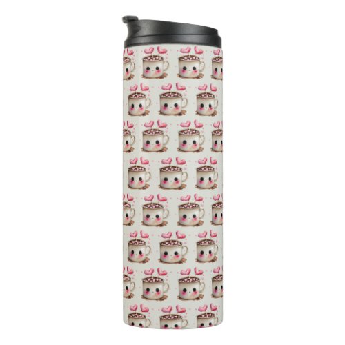 Cute Pink and Cream Watercolor Hot Cocoa Pattern Thermal Tumbler