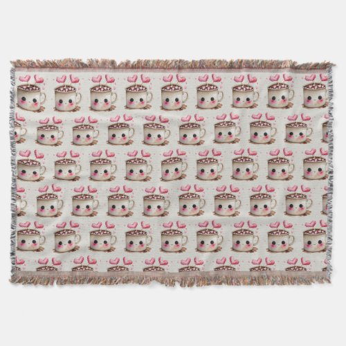 Cute Pink and Cream Watercolor Hot Cocoa Pattern Throw Blanket