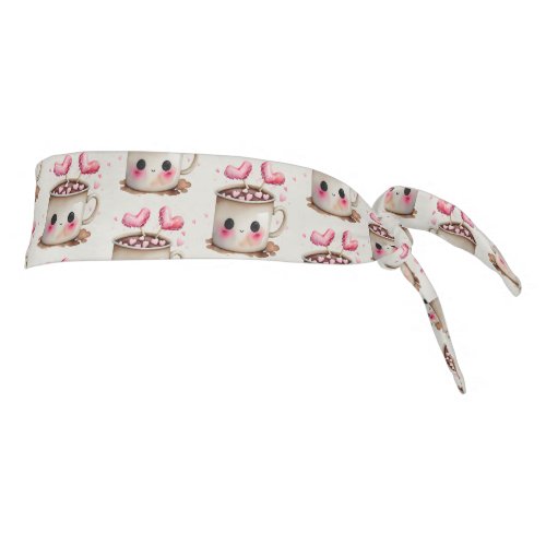 Cute Pink and Cream Watercolor Hot Cocoa Pattern Tie Headband