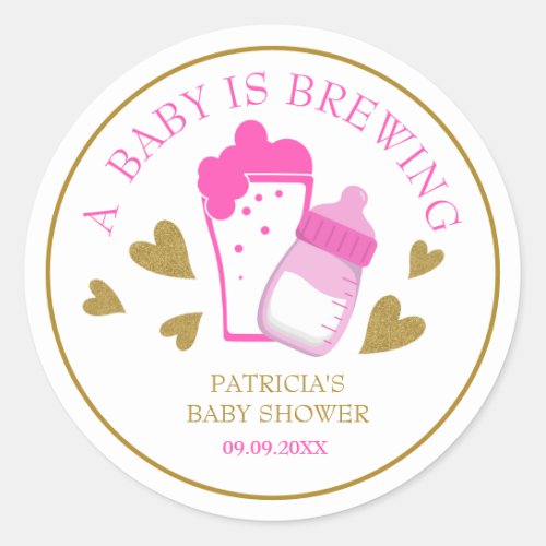 Cute Pink And Gold A baby Is Brewing Baby Shower Classic Round Sticker