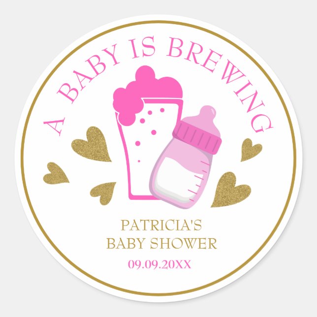 Cute Pink And Gold A baby Is Brewing Baby Shower Classic Round Sticker (Front)