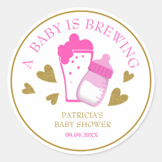 Cute Pink And Gold A baby Is Brewing Baby Shower Classic Round Sticker