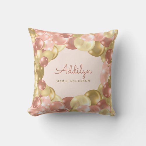 Cute Pink and Gold Balloon Border Girls Throw Pillow - This cute girls pillow features a balloon border in pink, gold and rose gold. Personalize this fun nursery or girl's bedroom pillow with the child's name.