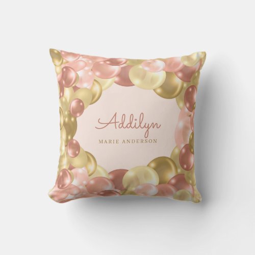 Cute Pink and Gold Balloon Border Girls Throw Pillow