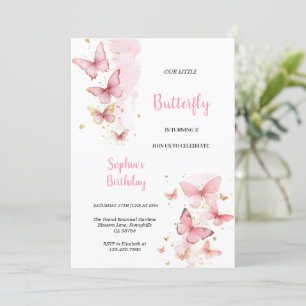 CUTE PINK AND GOLD BUTTERFLIES BIRTHDAY PARTY INVITATION