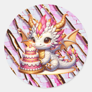 Cute Pink and Gold Dragon Girl's Birthday Party Classic Round Sticker