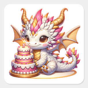 Cute Pink and Gold Dragon Girl's Birthday Party Square Sticker