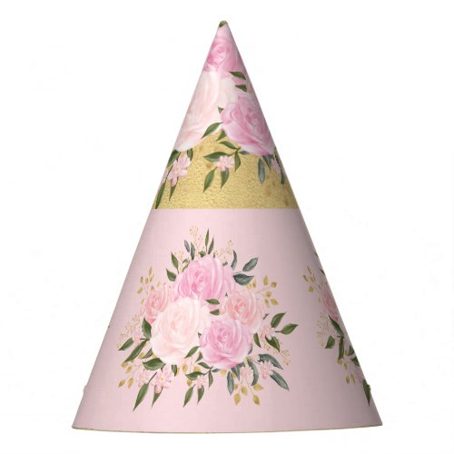 Cute Pink and Gold Floral Greenery Girls Birthday Party Hat