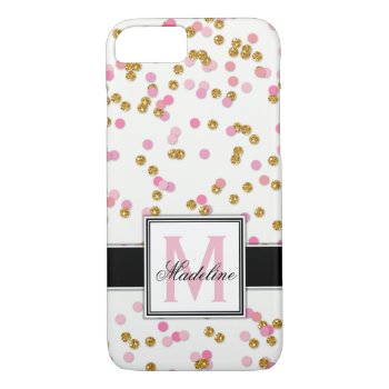 Cute Pink And Gold Glitter Confetti  Monogrammed Iphone 8/7 Case by CoolestPhoneCases at Zazzle