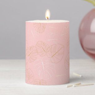 Cute Pink and Gold Leaves Illustration Pattern Pillar Candle