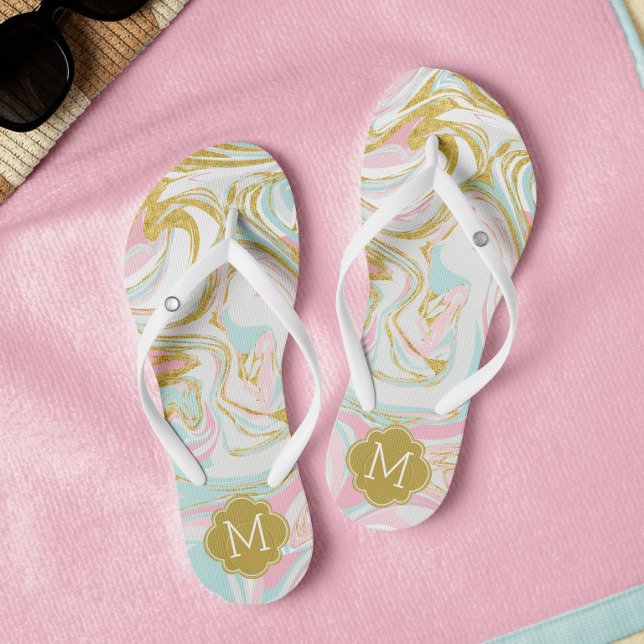 Cute Pink and Gold Suminagashi Monogrammed Flip Flops (Creator Uploaded)