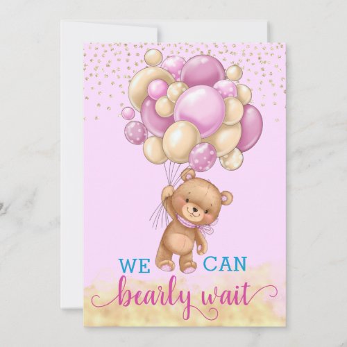 Cute Pink and Gold Teddy Bear Balloons Baby Shower Invitation