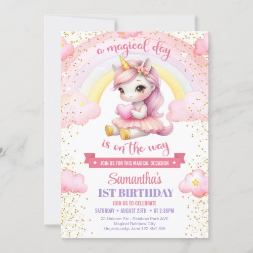 Cute pink and gold unicorn ballerina 1ST birthday Invitation