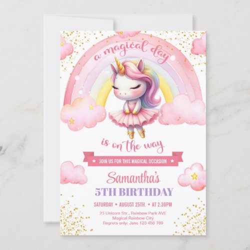 Cute pink and gold unicorn ballerina girl birthday invitation