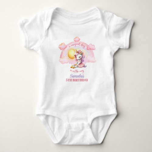 Cute Pink and gold unicorn ballerina with sun Baby Bodysuit