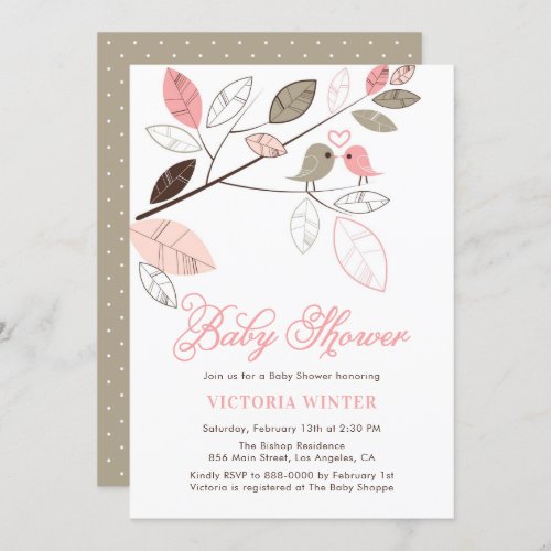 Cute Pink and Gray Birds Botanical Baby Shower Invitation