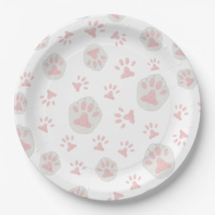 Cute Pink and Gray Cat Paw Pattern Paper Plates
