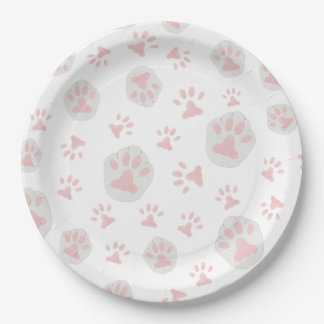 Cute Pink and Gray Cat Paw Pattern Paper Plates
