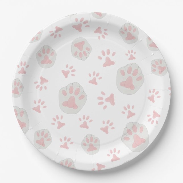 Cute Pink and Gray Cat Paw Pattern Paper Plates (Front)