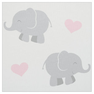 Cute Pink and Gray Elephants and Hearts Pattern Fabric