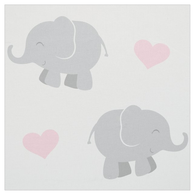 Cute Pink and Gray Elephants and Hearts Pattern Fabric (Swatch)
