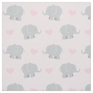 Cute Pink and Gray Elephants and Hearts Pattern Fabric