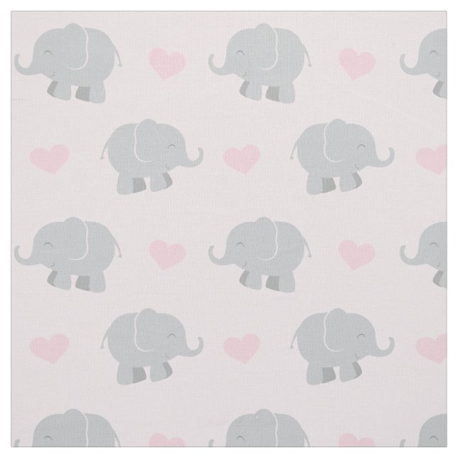 Cute Pink and Gray Elephants and Hearts Pattern Fabric (Swatch)