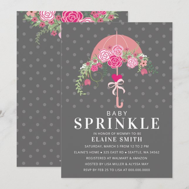 Cute Pink and Gray Floral Umbrella Baby Shower Invitation (Front/Back)