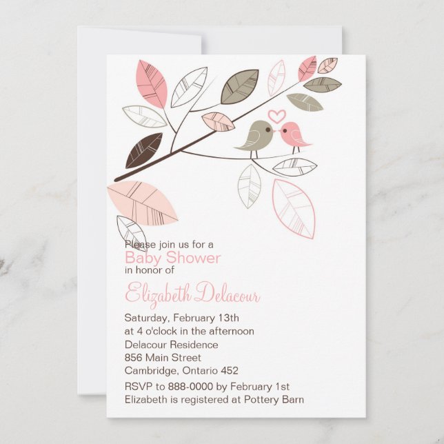 Cute Pink and Gray Lovebirds Spring Baby Shower Invitation (Front)