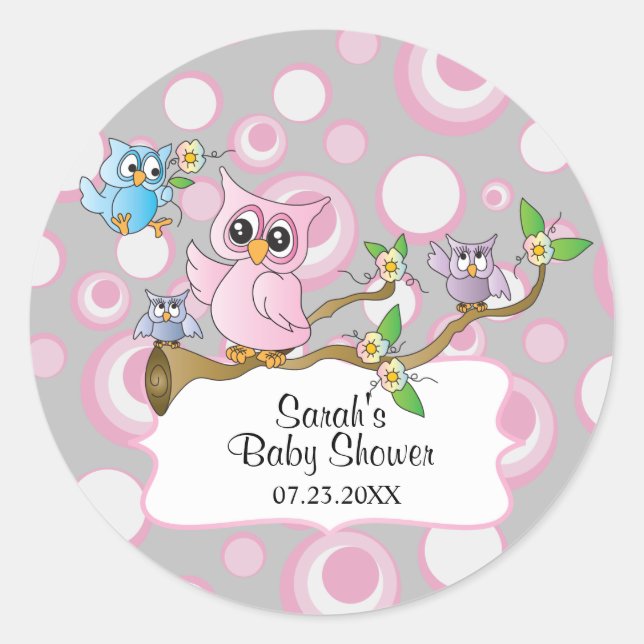 Cute Pink and Gray Owl Baby Classic Round Sticker (Front)
