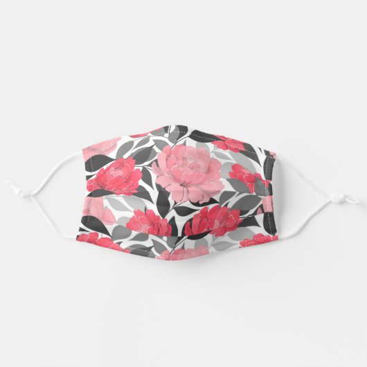 Cute Pink And Gray Peony Flowers Floral Adult Cloth Face Mask (Front, Unfolded)
