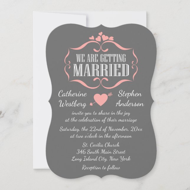 Cute Pink And Gray Wedding Hearts - Grey Invitation (Front)