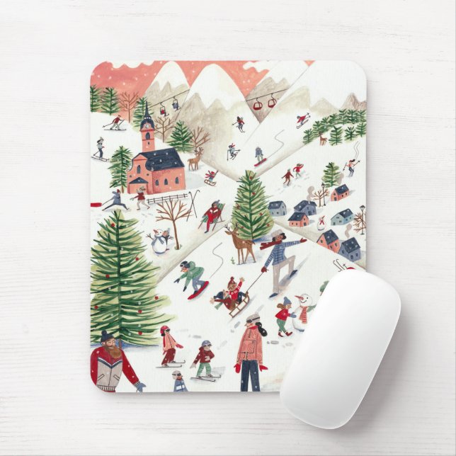 Cute pink and green Alpine lodge ski landscape  Mouse Pad (With Mouse)