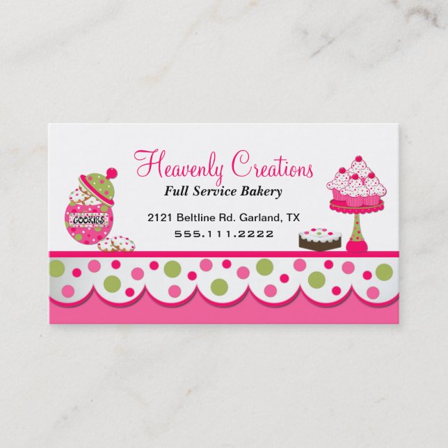 Cute Pink and Green Bakery Business Card (Front)